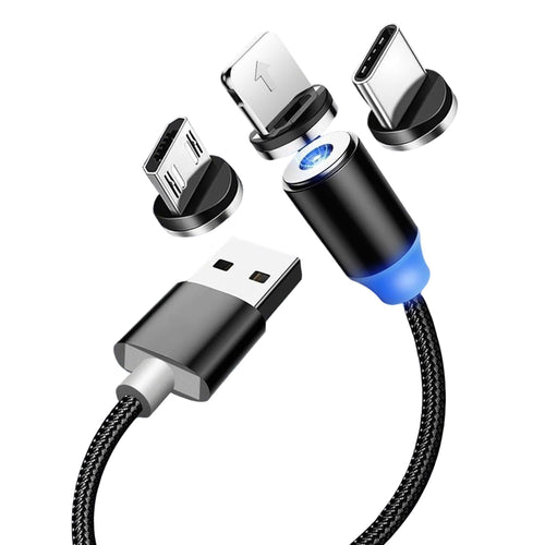 3-in-1 Magnetic Fast Charging Cable | Type-C, Micro USB & iPhone | 360° Rotation | LED