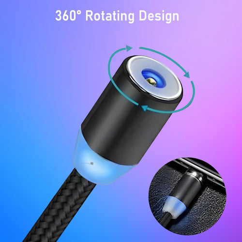 3-in-1 Magnetic Fast Charging Cable | Type-C, Micro USB & iPhone | 360° Rotation | LED